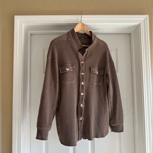 Brown Button-Up Waffle Knit Shirt Jacket